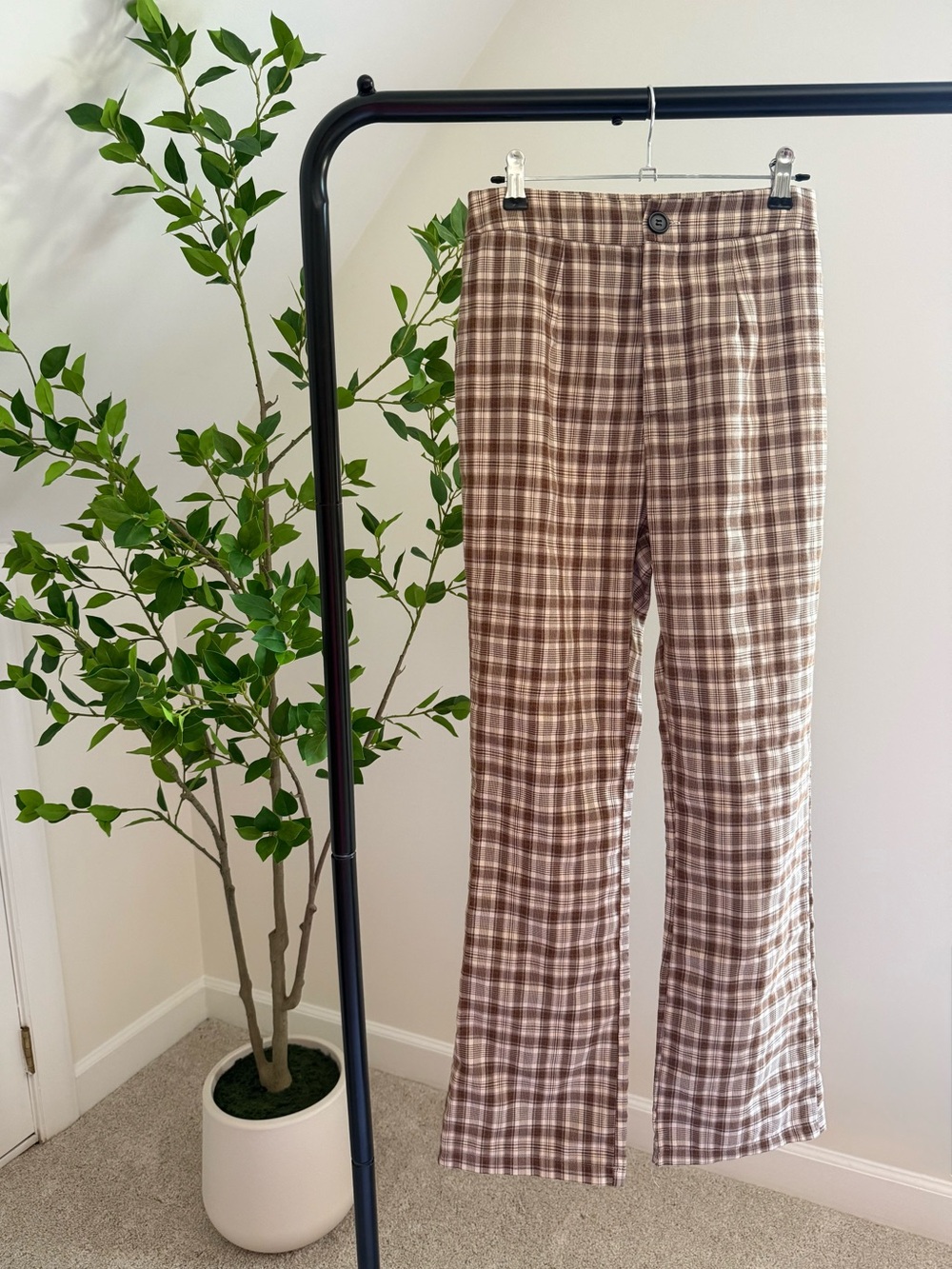 Romwe: Brown Plaid High-Waist Pant